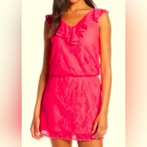 LILLY PULITZER Allessa Lined Skirted Romper Flowing Lace Pattern In Coral Sz XL